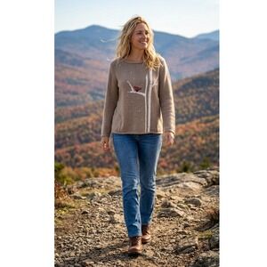 J Jill Cotton/Yak Fiber/Wool Blend Brown Sequined Cardinal Snowflake Sweater MED